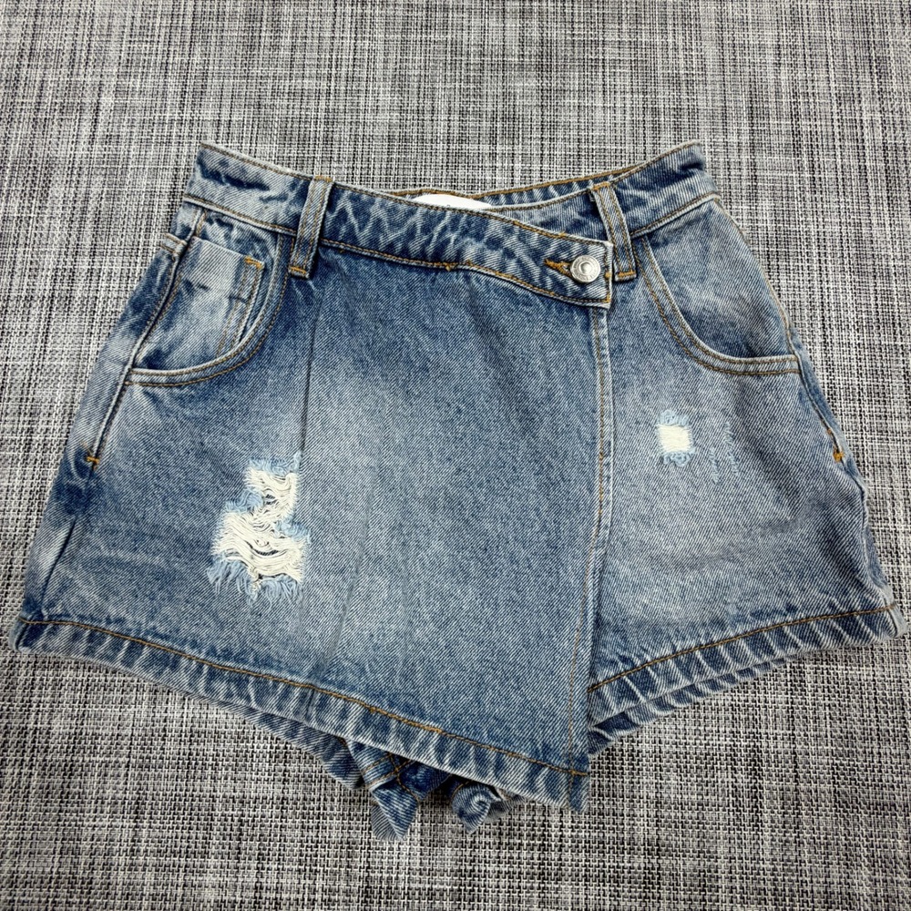 Endless Rose Womens XS Blue Denim Asymmetrical Wrap Skort Distressed Cotton